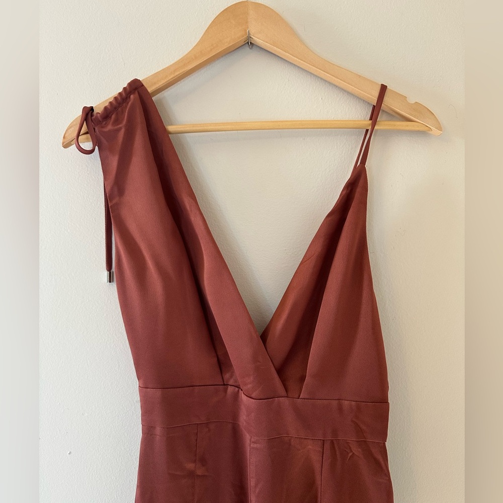 Lulu’s Look of Luxe Rusty Rose Satin Asymmetrical Wide-Leg Jumpsuit - Si… - Picture 6 of 10
